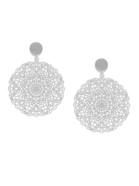 

ToniQ Silver-Toned Textured Circular Drop Earrings