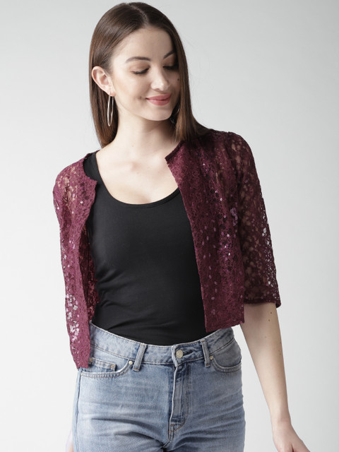 

Style Quotient by noi Burgundy Lace Sequinned Open Front Crop Shrug