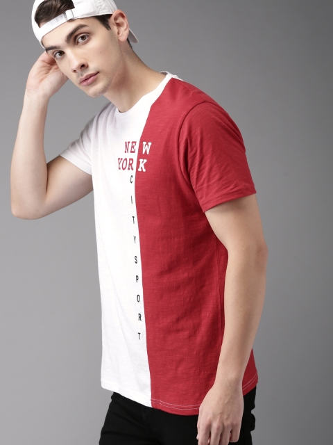 

HERE&NOW Men White & Red Colourblocked Round Neck T-shirt