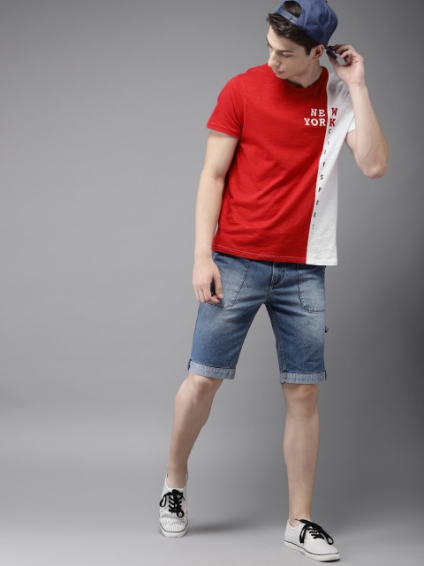 

HERE&NOW Men Red & White Colourblocked Round Neck T-shirt