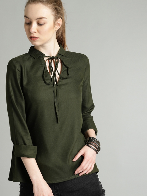

Roadster Women Solid Olive Green Tie-Up Neck Top