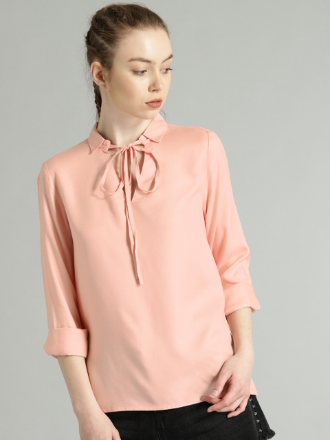 

Roadster Women Solid Pink Tie-Up Neck Top