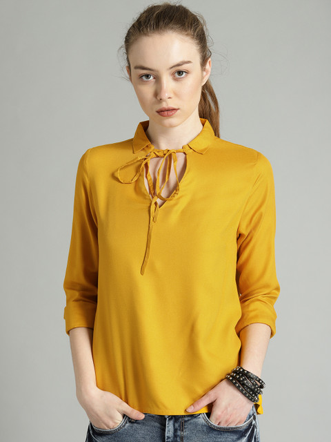 

Roadster Women Solid Mustard Tie-Up Neck Top