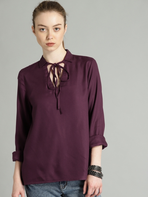 

Roadster Women Solid Mauve Tie-Up Neck Top