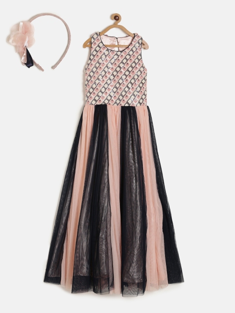 

Peppermint Girls Peach-Coloured & Black Embellished Fit and Flare Dress