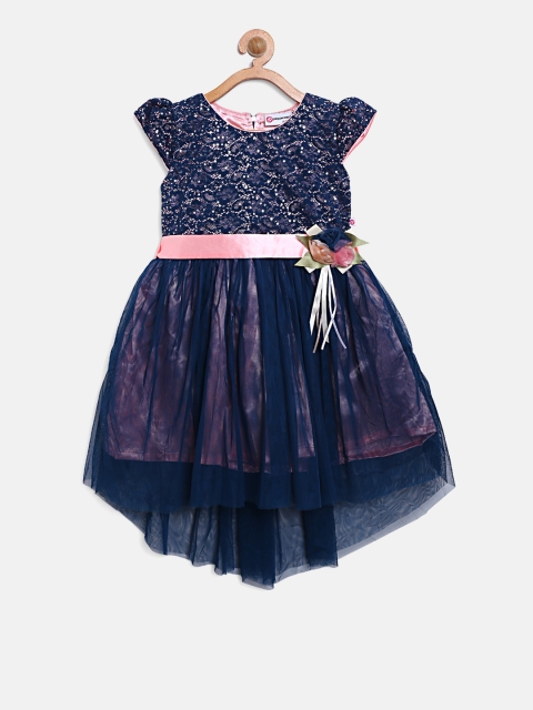

Peppermint Girls Navy Blue Self Design Layered Fit and Flare Dress
