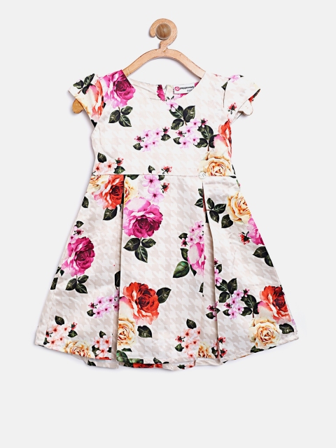 

Peppermint Girls Cream-Coloured & Pink Floral Print Fit and Flare Dress