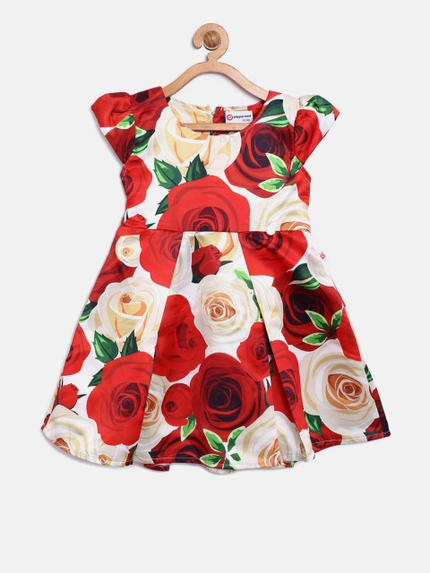 

Peppermint Girls Red & Cream-Coloured Floral Print Fit and Flare Dress