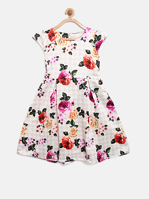 

Peppermint Girls Cream-Coloured & Pink Floral Print Fit and Flare Dress