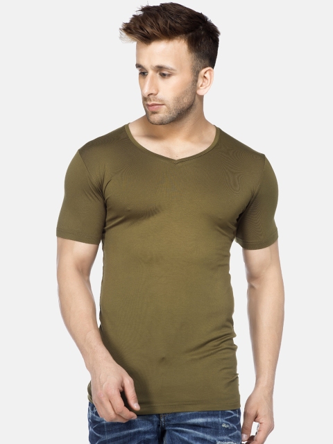 

Tinted Men Olive Green Solid V-Neck T-shirt