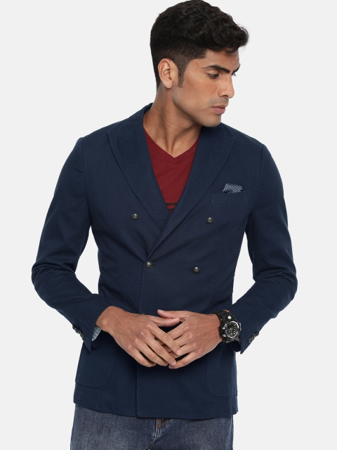 

Jack & Jones Navy Blue Self-Designed Single-Breasted Slim Fit Casual Blazer