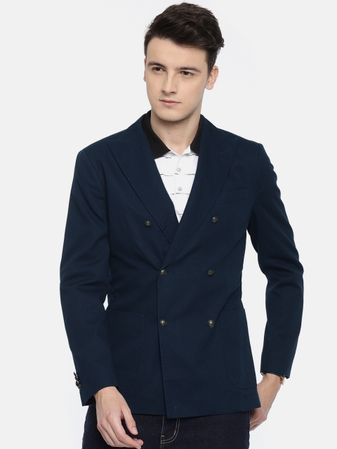 

Jack & Jones Men Navy Self Design Slim Fit Double-Breasted Casual Blazer, Navy blue