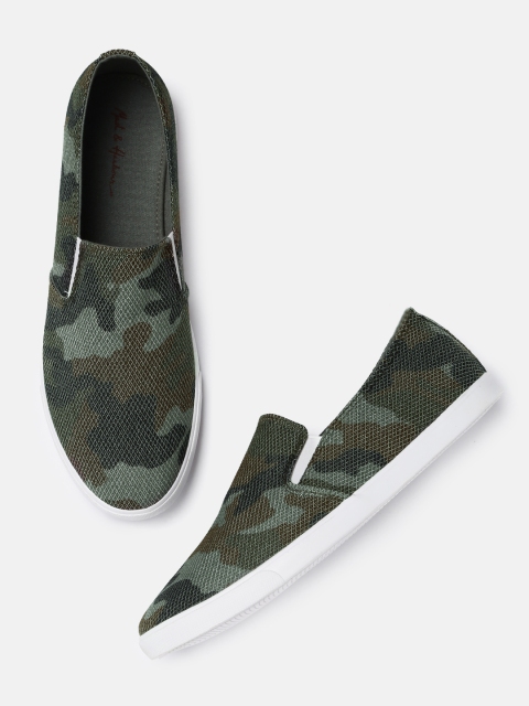 

Mast & Harbour Men Olive Green & Black Slip-On Sneakers