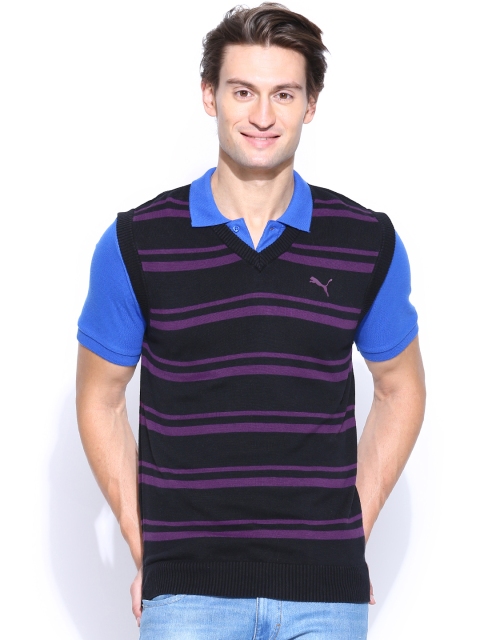 

Puma Men Black & Purple SL B Striped Sleeveless Sweater