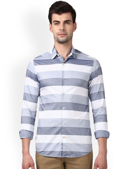 

ColorPlus Men Grey & White Regular Fit Striped Casual Shirt