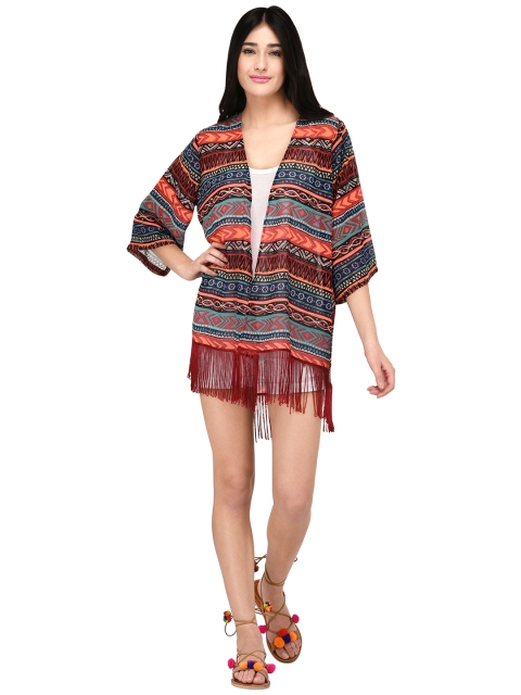 

PURYS Women Multicoloured & Green Printed Open Front Shrug, Multi