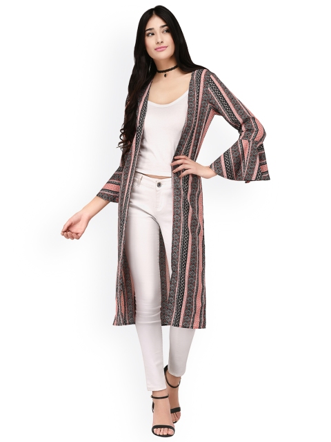 

PURYS Women Black & Orange Printed Open Front Shrug