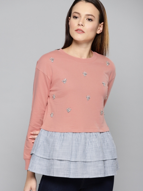 

Chemistry Women Peach-Coloured Embellished Sweatshirt with Tiered Hem