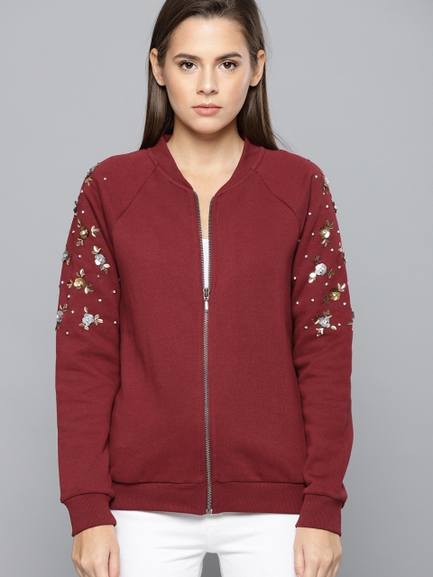 

Chemistry Women Maroon Embellished Front-Open Sweatshirt