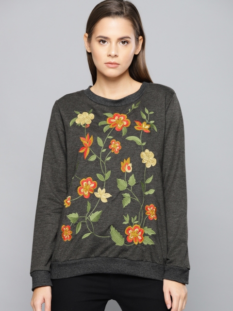 

Chemistry Grey Melange Floral Embroidered Sweatshirt