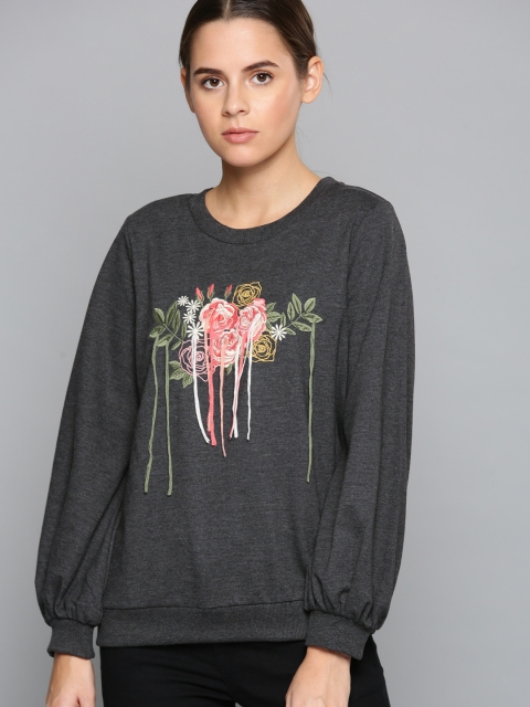 

Chemistry Women Charcoal Grey Embroidered Sweatshirt