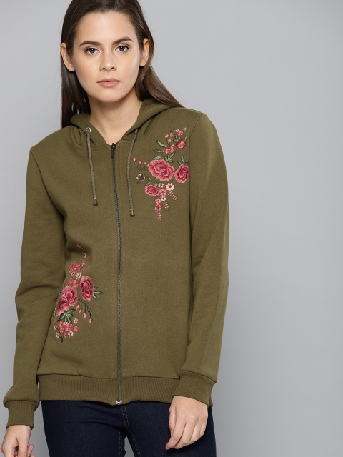 

Chemistry Women Olive Green Embroidered Hooded Sweatshirt
