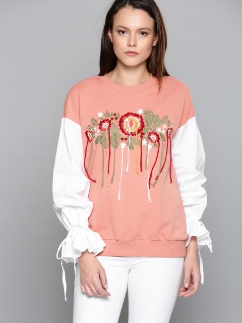

Chemistry Women Pink & White Embroidered Sweatshirt with Bishop Sleeves
