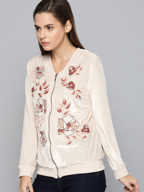 

Chemistry Women Peach Velvet-Finish Floral Embroidered Sweatshirt