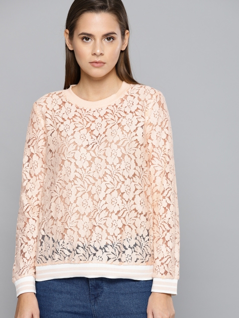 

Chemistry Women Peach Self Design Lace Semi-Sheer Top