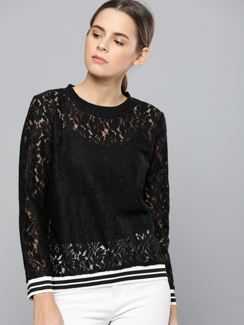

Chemistry Women Black Semi Sheer Self Design Lace Top