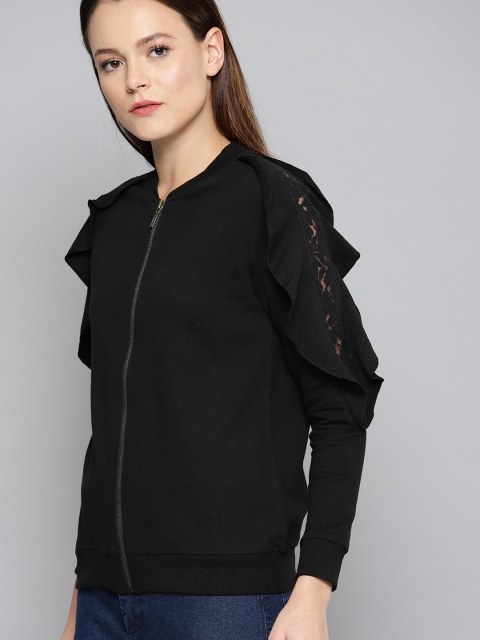 

Chemistry Women Black Ruffled Sweatshirt with Lace Inserts