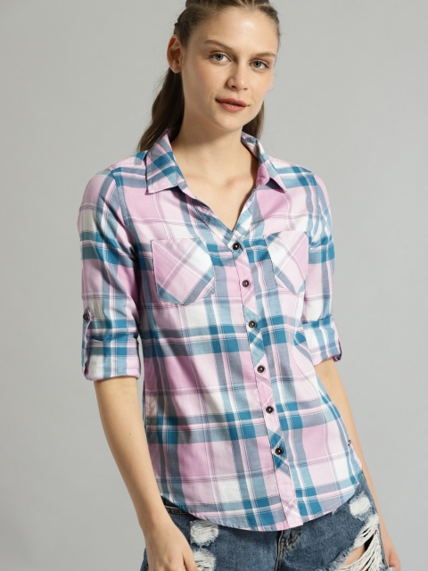 

Roadster Women Pink & Blue Regular Fit Checked Casual Shirt