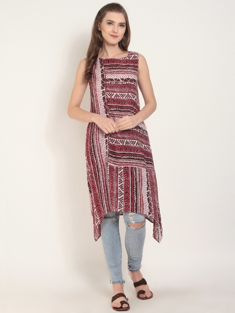 

RARE ROOTS Women Maroon & White Printed A-Line Asymmetric Kurta