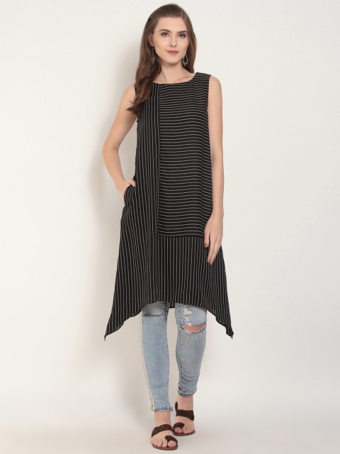 

RARE ROOTS Women Black Striped Asymmetric Hemline A-Line Kurta
