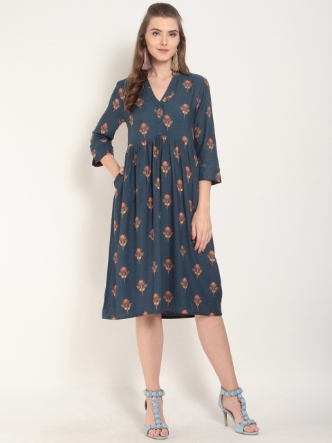 

RARE ROOTS Women Teal Printed A-Line Dress