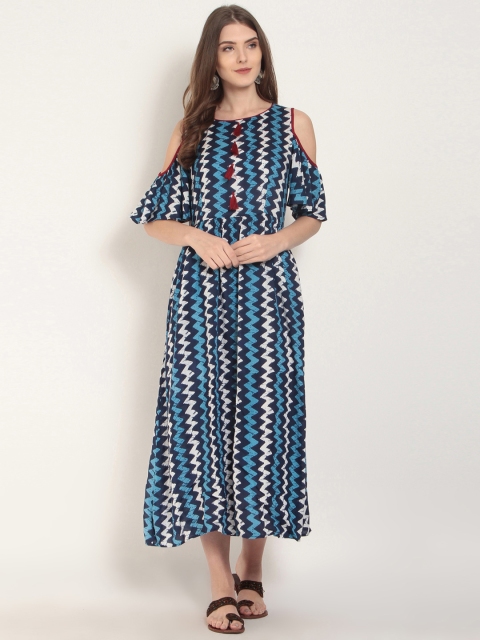 

RARE ROOTS Women Navy Blue Printed Fit and Flare Dress