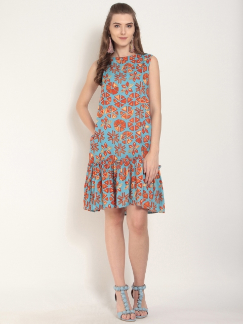 

RARE ROOTS Women Turquoise Blue Printed Dropwaist Dress