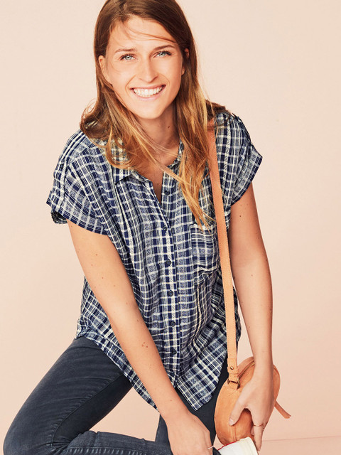 

next Women Navy Blue & White Regular Fit Checked Casual Shirt