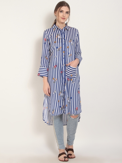 

RARE ROOTS Women Off-White & Blue Striped Straight Kurta