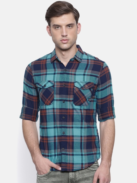 

Mufti Men Navy Blue & Brown Regular Fit Checked Casual Shirt