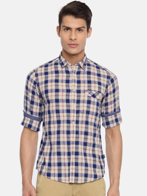 

Pepe Jeans Men Beige & Navy Blue Slim Fit Checked Casual Shirt