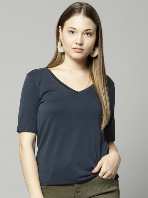 

Marks & Spencer Women Navy Blue Solid V-Neck T-shirt