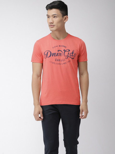 

Flying Machine Men Pink Navy Blue Printed Round Neck Pure Cotton T-shirt