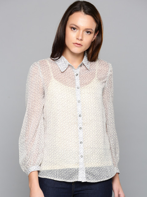 

Chemistry Women Grey & Off White Printed Shirt Style Top