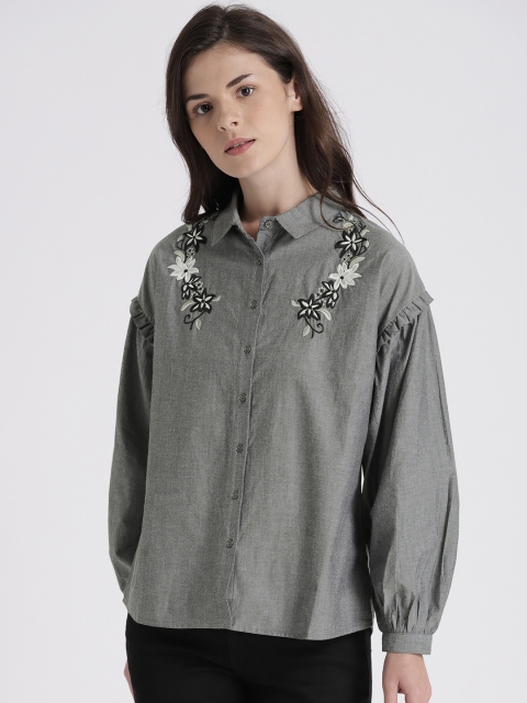 

Chemistry Women Grey Regular Fit Embroidered Casual Shirt