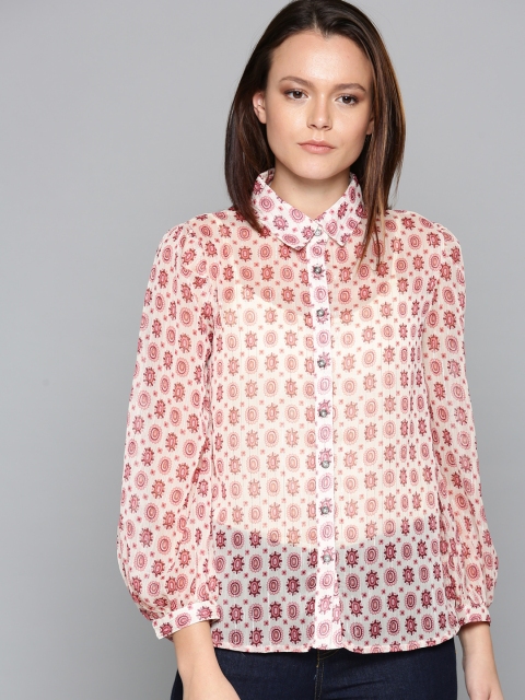 

Chemistry Women Off White & Pink Coloured Printed Semi Sheer Shirt Style Top