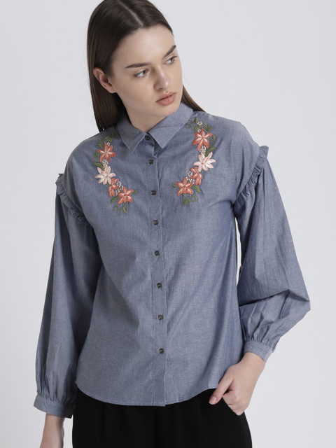 

Chemistry Women Blue Regular Fit Solid Casual Shirt