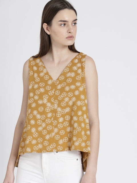 

Chemistry Women Mustard Brown High-Low Printed Top