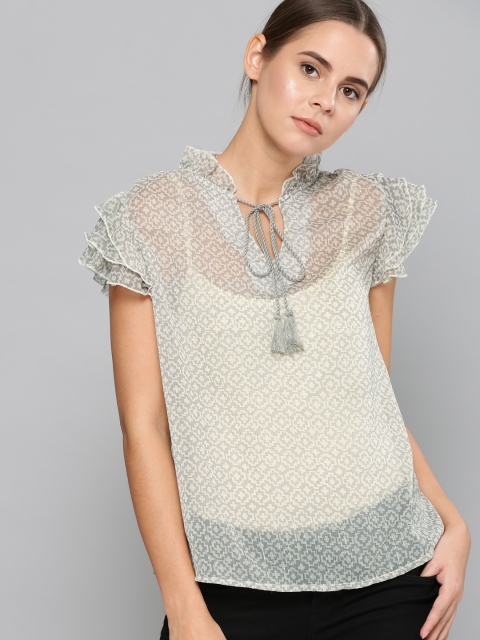 

Chemistry Women White & Grey Printed Semi Sheer Top