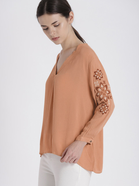 

Chemistry Women Peach-Coloured Solid Embroidered Top